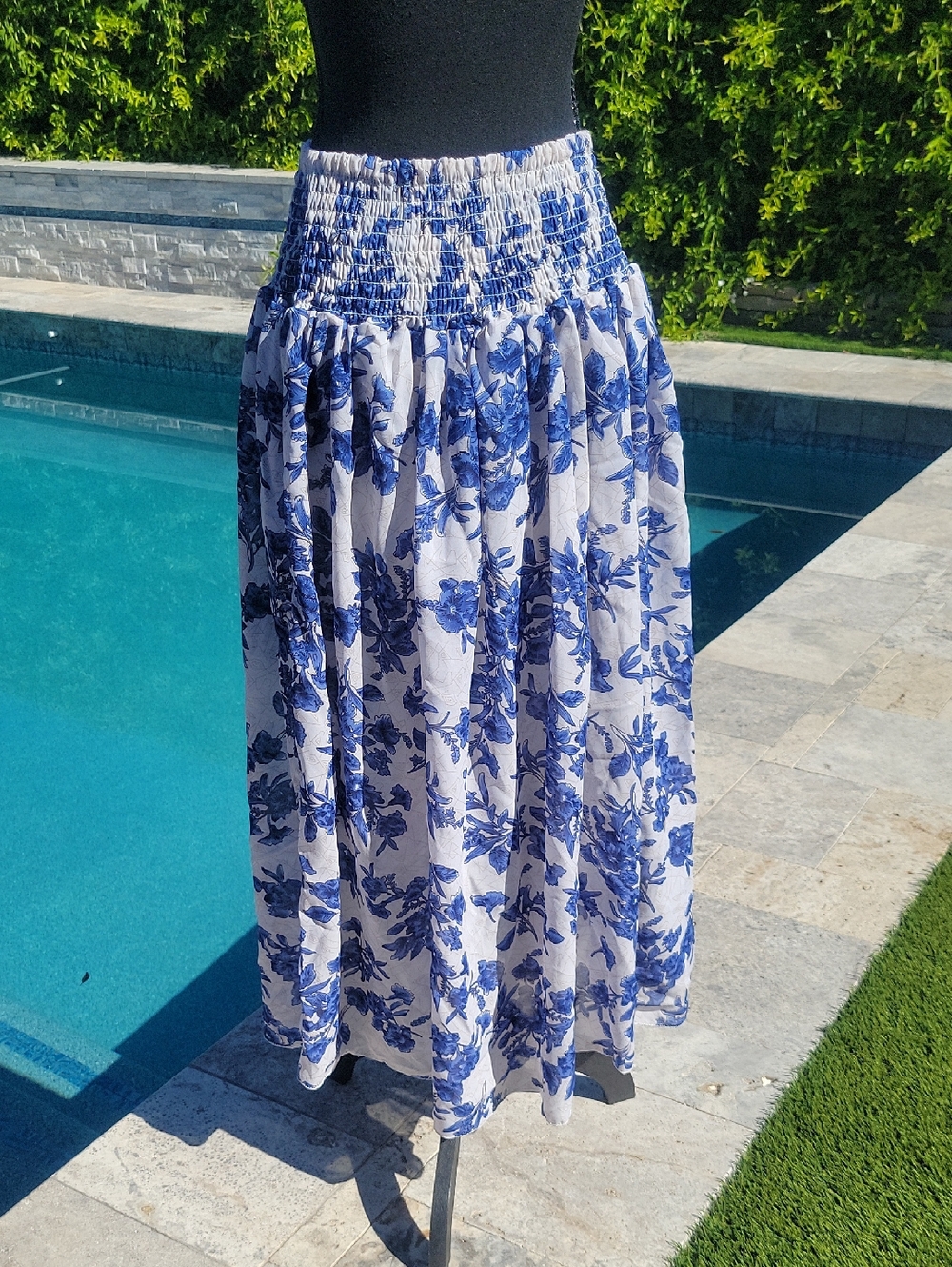 White Flowy Tropical Maxi Skirt with Blue Floral Print Vacation Resortwear